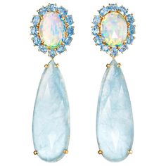 One-of-a-kind opal, aquamarine, blue topaz, and diamond drop dangle earrings, handcrafted in 18 karat yellow gold. These exquisite iridescent opals, encircled by blue topaz and with rose cut aquamarine drops, turn any occasion into a special one. So pretty to wear in any season, these stunning statement dangle earrings bring a touch of elegance to any look. Yellow Gold Drop Earrings, Women Jewellery, Jewelry Drawing, 18k Gold Earrings, Mini Earrings, Aquamarine Earrings, Diamond Dangle Earrings, Jewellery Accessories, White Gold Earrings