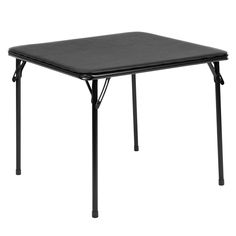 a square table with black plastic top and metal legs, viewed from the front angle