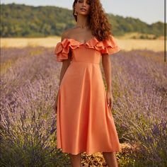 Orange Ruffled Off The Shoulder Avianna Dress From Alamour. Perfect For Weddings, Brunch, Showers, Photo Shoots. Tiana Dress, Alamour The Label, Chloe Dress, Maxi Styles, Mid Dresses, Lulu Dresses, Orange Dress, Ruched Dress, Guest Dresses