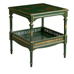 a green and gold side table with two trays on each shelf, one holding an open drawer