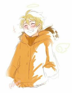 a drawing of a person with blonde hair and an orange hoodie is smiling at the camera