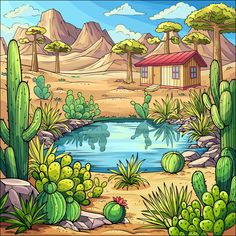 a desert scene with cactus trees, water and a house