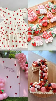 some pink and red items are on display in the grass, one is a cake, two are decorated with strawberries