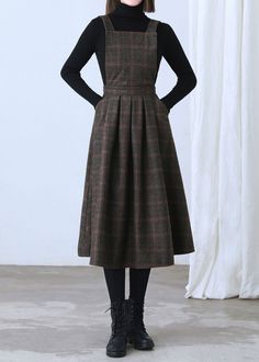 Plaid Wool Dress Wool Pinafore Dress Pleated Wool Dress - Etsy Winter Workwear Tweed Midi Dress, Brown Workwear Dress With Pockets, Fall Dresses With Pockets For Work, Fall Workwear Dresses With Pockets, Fitted Fall Pinafore Dress With Pockets, Winter Wool Tweed Dress Knee-length, Knee-length Wool Tweed Dress For Winter, Winter Wool Tweed Knee-length Dress, Sleeveless Plaid Dress With Pockets