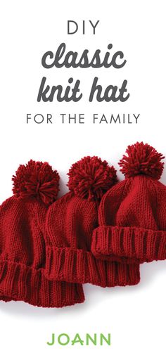 three red knitted hats with the words diy classic knit hat for the family