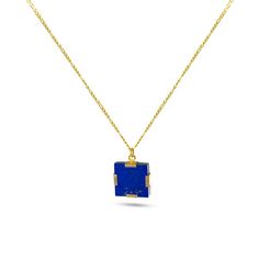 Make: 18k Goldplated - 925 Sterling Silver Stone: undyed, natually mined Lapis Lazuli Chain: Goldplated silver / 49cm or Make: 925 Sterling Silver Stone: natural/undyed, earth-mined Lapis Lazuli Chain: 925 Sterling Silver / 49cm Wear your jewellery or keep them in a dry place. Preferably in its pouch or a jewellery box. We advice not to keep your silver jewellery in open air as it will naturally tarnish with exposure to the air. Noqra is a family business selling jewellery that not only highligh Yellow Gold Lapis Lazuli Jewelry With Polished Finish, Polished Yellow Gold Lapis Lazuli Jewelry, Rectangular Sterling Silver Necklace In Yellow Gold, Sterling Silver Rectangular Necklace In Yellow Gold, Yellow Gold Lapis Lazuli Round Necklace, Gold Lapis Lazuli Gemstone Necklace, Rectangular Yellow Gold Gemstone Necklace, Yellow Gold Rectangular Gemstone Necklace, Rectangular Gemstone Necklace In Yellow Gold