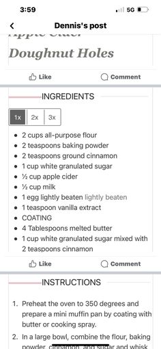 the instructions for how to make doughnut holes with ingredients and instructions on it, including instructions