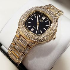 Unisex Hip Hop Luxury Black Dial Luxury Lab Simulated Diamond Watch Diamond Watch, Luxury Watch, Rolex Watches, Accessories Watches, Bracelet Watch, Hip Hop, Lab, Women Accessories, Gold