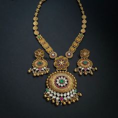 Premium quality Matt gold long rajwadi necklace set with kundan details and beautiful drop earring. Inspire your style with this beautiful gold haram necklace.  All orders Ship same day if placed before 4:00 PM EST  Earring Length: 2.5 inch Earring Width: 0.75 inch Necklace length: 24 inch Pendant width: 2.6 inch Create beautiful memory for any occasion with elegant jewelry for your loved ones You will receive carefully packaged items in jewelry box, ready to give memorable gift  to your Wife, m Yellow Gold Chandbali Kundan Temple Necklace, 22k Gold Kundan Necklace With Intricate Temple Jewelry Design, 22k Gold Kundan Temple Necklace, Antique Gold Meenakari Temple Necklace, Antique Gold Temple Necklace With Meenakari, Antique Gold Chandbali Temple Necklace With Intricate Design, Diwali Temple Jewelry Kundan Necklace With Filigree, Yellow Gold Kundan Chandbali Necklace With Latkans, Yellow Gold Chandbali Kundan Necklace With Latkans