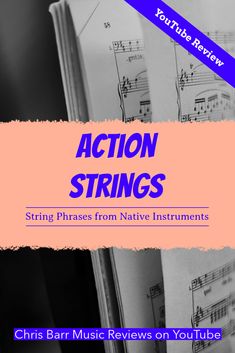 the cover of action strings, with music notes on it and an orange strip overlay