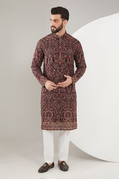 Multicolor kurta with Kashmiri thread, sequin embroidery in paisley, floral pattern. - Aza Fashions Traditional Festive Kurta With Paisley Print, Traditional Paisley Print Kurta For Festive Occasions, Traditional Kurta With Paisley Print For Festivals, Traditional Paisley Print Kurta For Festivals, Festive Straight Kurta With Paisley Print, Festive Paisley Print Straight Kurta, Traditional Festive Sherwani With Kalamkari Print, Traditional Kalamkari Print Sherwani For Festive Occasions, Festive Paisley Print Kurta