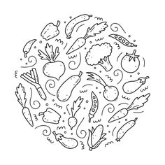 a black and white drawing of vegetables in a circle