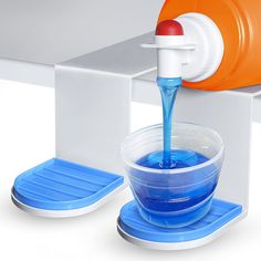 an orange and blue container pouring water into a bowl