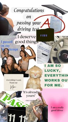 the collage has many different pictures and words on it, including an image of a car