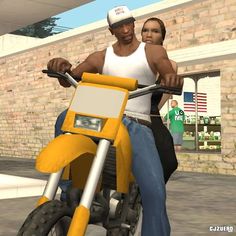 a man riding on the back of a yellow motorcycle next to a woman in a white tank top