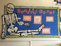 a bulletin board with skeletons and bones on it