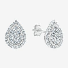 Diamond Clarity: I3Earring Back: FrictionSetting: ProngShape: PearStone Cut: RoundDiamond Color: JMetal Color: WhiteEarring Length: 10.5mmEarring Width: 7.6mmRounded Carat Weight: 1/2 Ct. T.w.Care: Wipe CleanStone Type: 72 Natural DiamondAuthenticity: Natural DiamondBirthstone: April BirthstoneEarrings Style: Stud Earrings, Multi-Diamond Earrings, Halo EarringsMetal: 10k White GoldCountry of Origin: Imported White Pear Shaped Diamond Earrings With Prong Setting, White Pear-shaped Diamond Earrings With Prong Setting, Classic White Cluster Diamond Earrings, White Halo Design Drop Cluster Earrings, White Halo Design Cluster Drop Earrings, White Cluster Drop Earrings With Halo Design, White Teardrop Diamond Cut Earrings, White Teardrop Cluster Earrings For Anniversary, White Diamond Pear-shaped Cluster Earrings