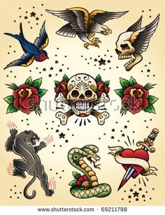 an old school tattoo design with skulls, roses and other tattoos on the back of it