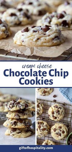 chocolate chip cookies are stacked on top of each other and ready to be baked in the oven