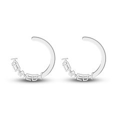 Stylish 43mm hoops are embellished with personalized detail in these playful women's earrings. Fashioned in sterling silver, the earrings secure in place with friction backs. Personalize with up to 9 uppercase characters. Elegant Personalized Silver Hoop Earrings, Trendy Sterling Silver Hoop Earrings In White Gold, Trendy White Gold Sterling Silver Hoop Earrings, Modern Sterling Silver Custom Name Jewelry, Modern Sterling Silver Jewelry With Custom Name, Custom Name Sterling Silver Earrings, Custom Name Silver Hoop Earrings For Anniversary, Custom Name Silver Earrings For Anniversary, Personalized Sterling Silver Hoop Jewelry