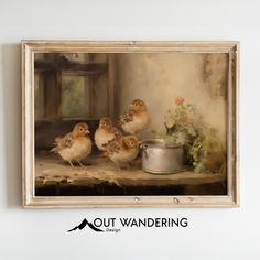 three little birds are standing in front of a painting