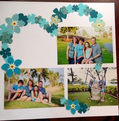 the family is posing for pictures together in their blue and green photoshopped to look like flowers