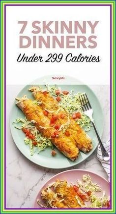 two plates with food on them and the words 7 skinnyy dinners under 29 calories