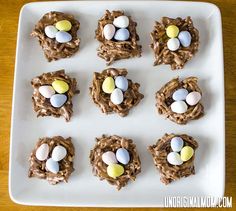 chocolate bird's nest cookies are arranged on a white platter with mini eggs