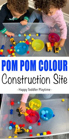 two children playing with pom - pom color construction site