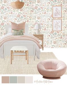 a bedroom with floral wallpaper and pink accents