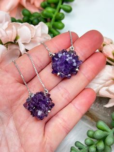 Adorable and classic amethyst cluster necklace that will never go out of style! Featuring a sterling silver box chain with a single small amethyst cluster pendant that hangs from a ring on each side. The chain is super adjustable and can be worn at 5 different lengths. While you cannot choose the exact necklace you will receive, you can select Chain adjusts from 14" to 18" with an adjustment at each inch. You will received ONE necklace that is intuitively picked for you of your selected color ra Dark Amethyst, Light Amethyst, Cluster Necklace, Amethyst Cluster, Cluster Pendant, Silver Box, Box Chain, Crystal Jewelry, Crystal Necklace