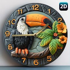 a clock with an image of a toucan bird on it's face