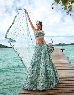 Color_Blue Blue Green Lehenga, Lehenga Stitching, Gown Photoshoot, Dress Hairstyle, Indian Fits, Cultural Wear, Embroidery Lehenga, Desi Vibes, Green Evening Gowns