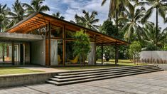 the house is surrounded by palm trees and grass