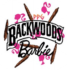 backwood's barbie logo with pink and black ink on white paper, in the shape of two crossed sticks