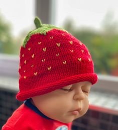 Introducing my delicious Strawberry Hat, carefully hand-knitted in pure fine merino wool. The hat is made with the finest soft and silky merino, a natural fiber that feels soft against the skin and regulates body temperature, making it ideal for babies and children. The colours are very fresh and the perfect transition hat to bring thoughts of summer days 🍓  My lovely customers have been delighted with their hats, please take a look at my reviews - and I am so happy to have been selected by Etsy in their top 7 new shops of 2023 😊 https://www.etsy.com/blog/best-etsy-shops-uk Knitted Hats Suitable For Gifts, Cute Knitted Yarn Bonnet, Cute Hand Knitted Bonnet As A Gift, Cute Hand Knitted Beanie Cap, Cute Hand Knitted Bonnet As Gift, Cute Knitted Fitted Hat, Cute Hand Knitted Beanie, Cute Brimmed Knitted Hat, Cute Hand Knitted Bonnet