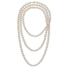 Imagine what you can do with the versatility of a 52-inch strand of pearls. You can wear it long as a throw-back to the flapper days, or you can wrap, wrap, and wrap. You are going to love this strand of pearls. This long pearl necklace is composed of round freshwater pearls that were hand-selected for their shape, brilliant shine and smooth surfaces. The pearls are perfectly matched - a true feat considering the number of pearls needed to create such a long necklace. You will never lose your pe Long Pearl Necklace, Pearl Strands Necklace, Long Pearl Necklaces, Baroque Pearl Earrings, Jewelry Appraisal, Mother Of Pearl Necklace, Gold Pearl Earrings, Freshwater Pearls Earrings, Freshwater Pearl Necklace