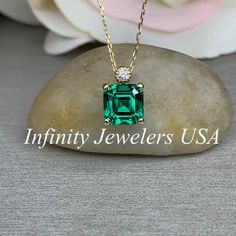 Asscher Cut Necklace / Green Emerald Necklace / Emerald and Diamond Necklace / 1.80ctw / 18" Cable Chain / 14k Yellow Gold / #6338 #EverydayNecklace #LadiesGift #BridalGift #GiftIdeasForHer #GraduationGift #AnniversaryGift #EngagementGift #BirthdayGift #DiamondNecklace #WeddingGift Octagon Emerald Jewelry With Diamond Accents, Emerald Cut Diamond Emerald Necklace For Anniversary, Anniversary Emerald Necklace With Diamond Cut, Formal Jewelry With May Birthstone In Octagon Shape, Asscher Cut Diamond Jewelry As Gift, Asscher Cut Diamond Birthstone Jewelry, Fine Jewelry Asscher Cut Gift, Asscher Cut Yellow Gold Jewelry Gift, Gia Certified Octagon May Birthstone Jewelry