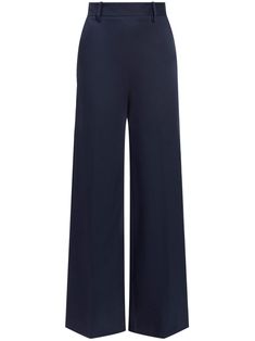 blue cotton blend high-waisted elasticated waistband belt loops two side inset pockets rear welt pocket pressed crease wide leg Versace Outfit, Yoko London, City Dress, Summer Beach Wear, Knitwear Tops, Wide Leg Trousers, Bottoms Pants, Jacket Tops, Denim Dress