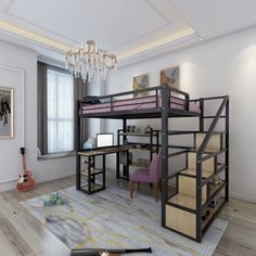 a loft bed with desk underneath and stairs to the upper level, in a room with hardwood floors