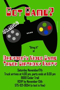 an image of a birthday party with a video game controller on the front and green background