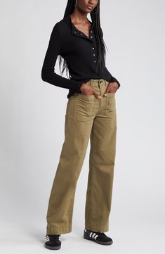 Wide legs and roomy utility pockets play up the casual appeal of these versatile and soft cotton-blend twill pants. 30 1/2" inseam; 20" leg opening; 12" front rise; 15" back rise (size 29) 98% cotton, 2% polyurethane Machine wash, line dry Made in the USA Full-length Cotton Cargo Jeans For Fall, Full Length Cotton Cargo Jeans For Fall, Fall Cotton Parachute Pants With Patch Pockets, Cotton Parachute Pants With Patch Pockets For Fall, Fall Khaki Cotton Wide Leg Pants, Everyday Cotton Wide Leg Pants For Fall, Khaki Cotton Wide Leg Pants For Fall, Fall Mid-rise Relaxed Fit Cargo Pants, Relaxed Fit Full Length Cargo Pants For Fall