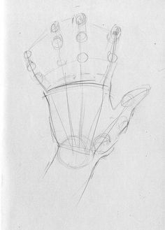 a pencil drawing of a hand with five fingers and four circles on it's palm