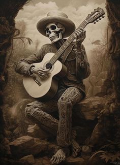 a skeleton playing a guitar in the woods