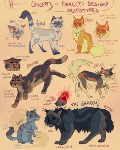 some cats that are all different colors and sizes, with the names on each one