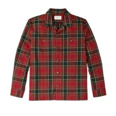 Made with sturdy 7-oz. cotton, our Elk Heights Camp Shirt is ideal for three-season wear. The sturdy flannel fabric is brushed for comfort from the first day. The camp collar is unstructured, sewn directly to the shirt so it lays flat and open. This comfortable design originated in warm climates and is sometimes known as a Cuban collar. Characteristic of camp shirts, the hem is straight for casual untucked wear. Dual knife pleats in the rear shoulder provide ease of motion. Buttons secure the no-flap chest pockets. Button-adjustable cuffs. | Filson Elk Heights Camp Shirt SycGrnRed Size XS Fall Cotton Shirt With Camp Collar, Winter Cotton Tops With Spread Collar, Red Cotton Shirt With Camp Collar, Classic Long Sleeve Cotton Camp Shirt, Cotton Top With Camp Collar For Fall, Plaid Cotton Top With Spread Collar, Green Long Sleeve Cotton Camp Shirt, Camp Shirts, Knife Pleats