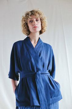 Kimono Style Jacket, Linen Kimono, Navy Blue Jacket, Mode Kimono, Wrap Jacket, Linen Jackets, Linen Jacket, Navy Blue Color, Linen Top