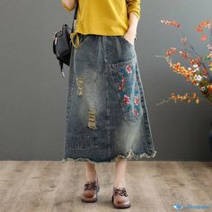 Orcajump - Vintage Embroidered Denim Fashion Distressed Half Skirt with Frayed Hem Half Skirt, Embroidered Denim, Types Of Skirts, A Line Skirt, Denim Fashion, A Line Skirts, A Line, Skirt