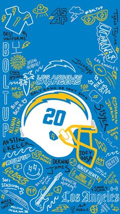 a football helmet with the number 20 on it and many other sports related items around it