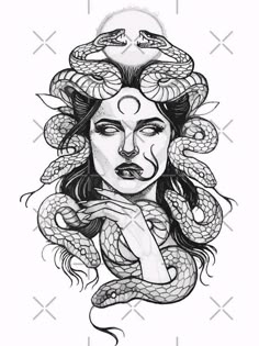 a drawing of a woman with snakes on her head and the words, snake in her mouth